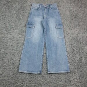 JustUSA Jeans Womens 28P/6P Blue Mid Rise Cargo Wide Leg Relaxed Denim 29x28*